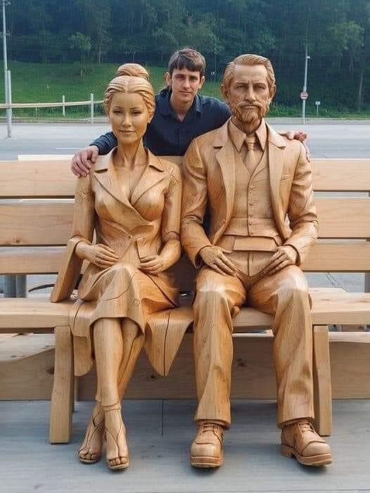 A Young Guy Made a Real-Size Wooden Statue of His Mom and Dad Who Have Passed Away