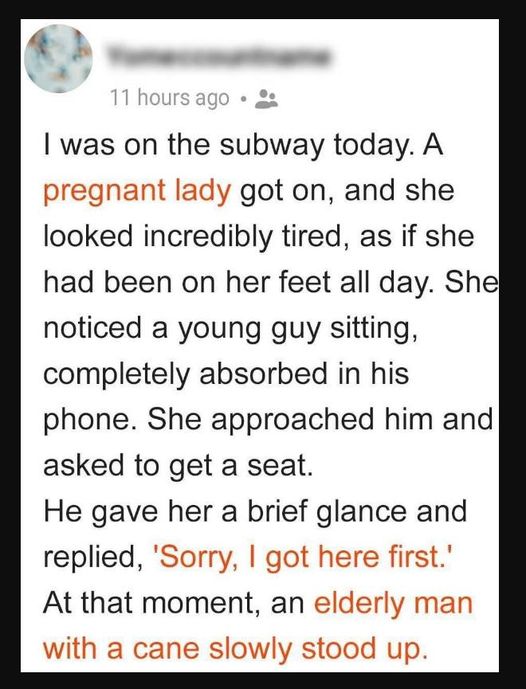 An Older Man with a Cane Rises Up After Man Refuses to Give Up Seat for Pregnant Woman on Subway