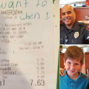 9-year-old boy gives unknown police officer a note in a restaurant