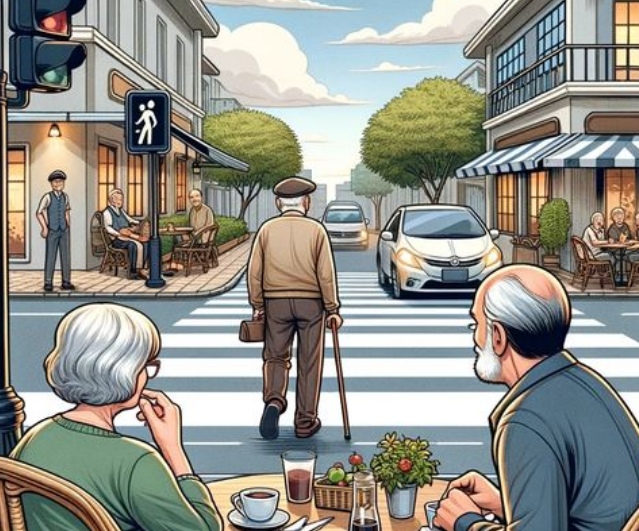 An elderly couple was sitting outdoors at a cafe