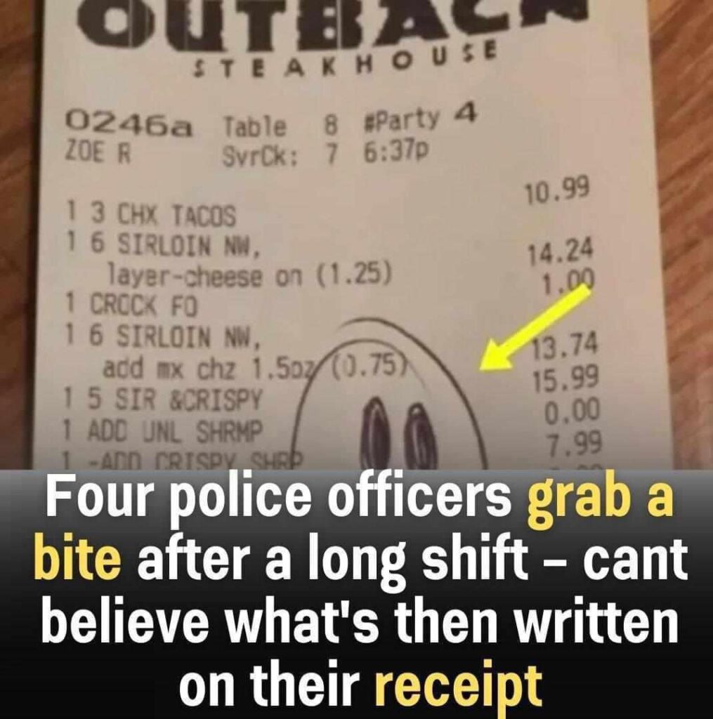Four police officers decide to grab a meal after a long shift – what they discover on their receipt leaves them shocked