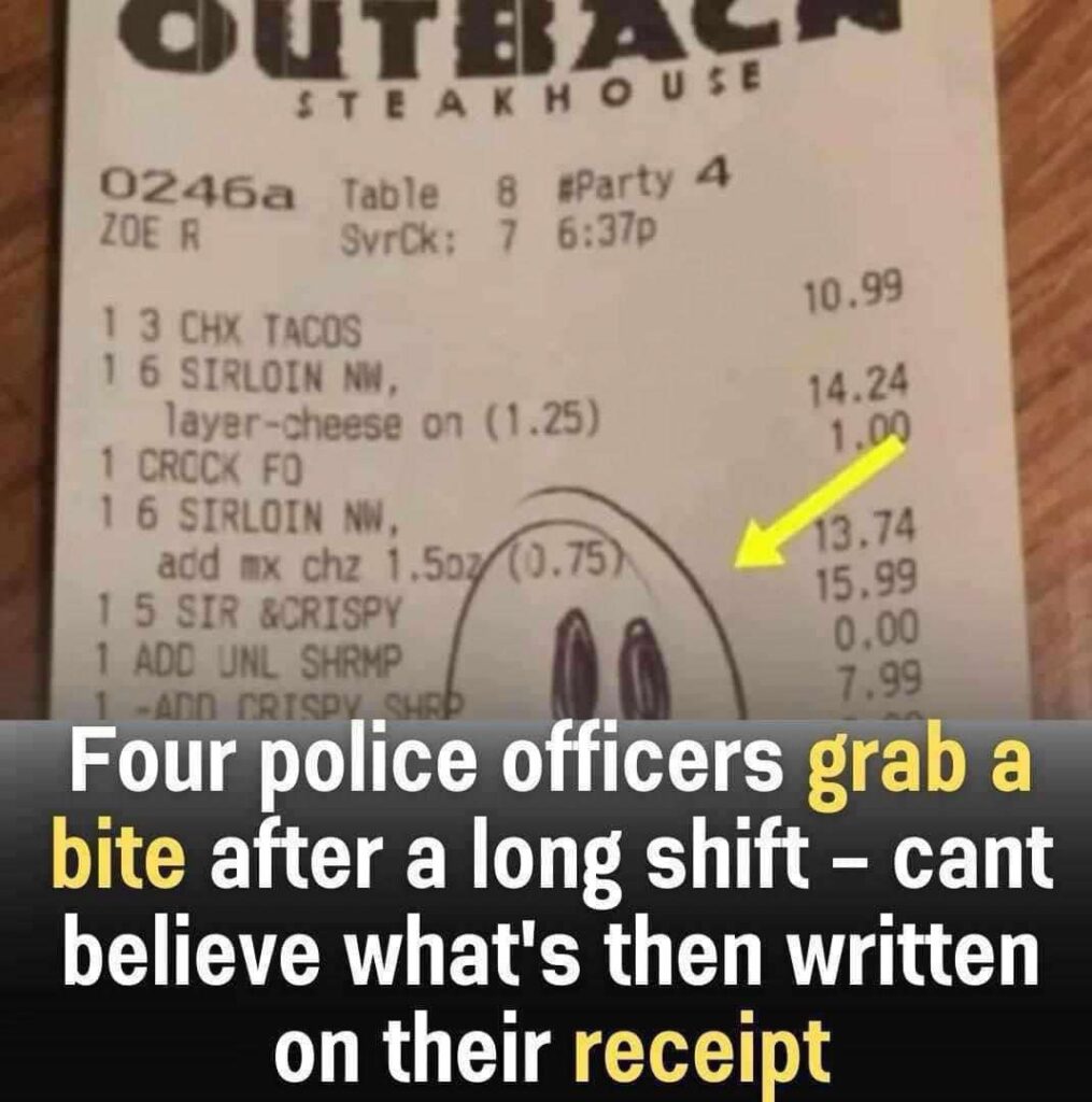 Four police officers decide to grab a meal after a long shift – what they discover on their receipt leaves them shocked